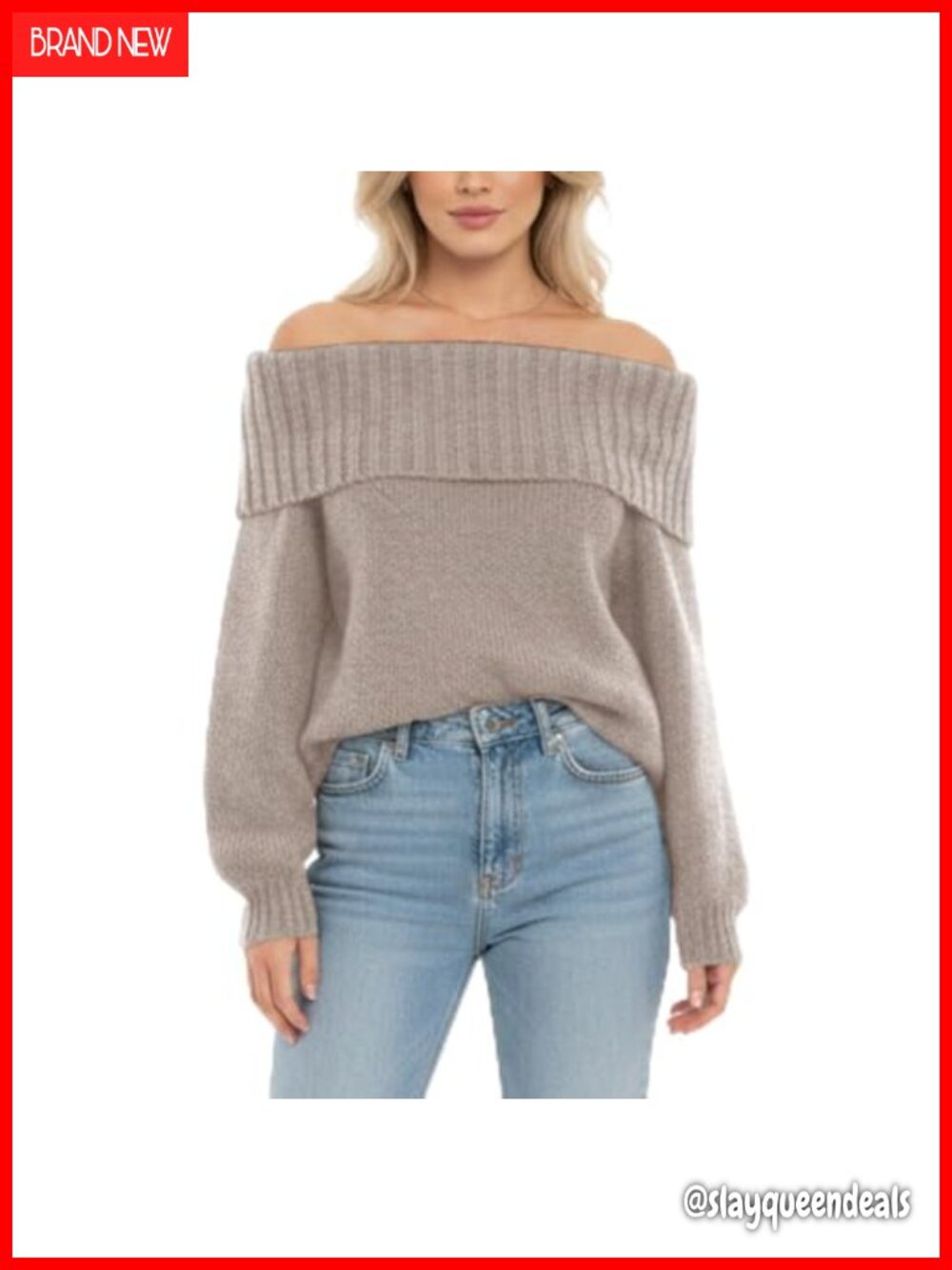 Women's Off Shoulder Chunky Knit Sweater Fold Over Neck Oversized Pullover